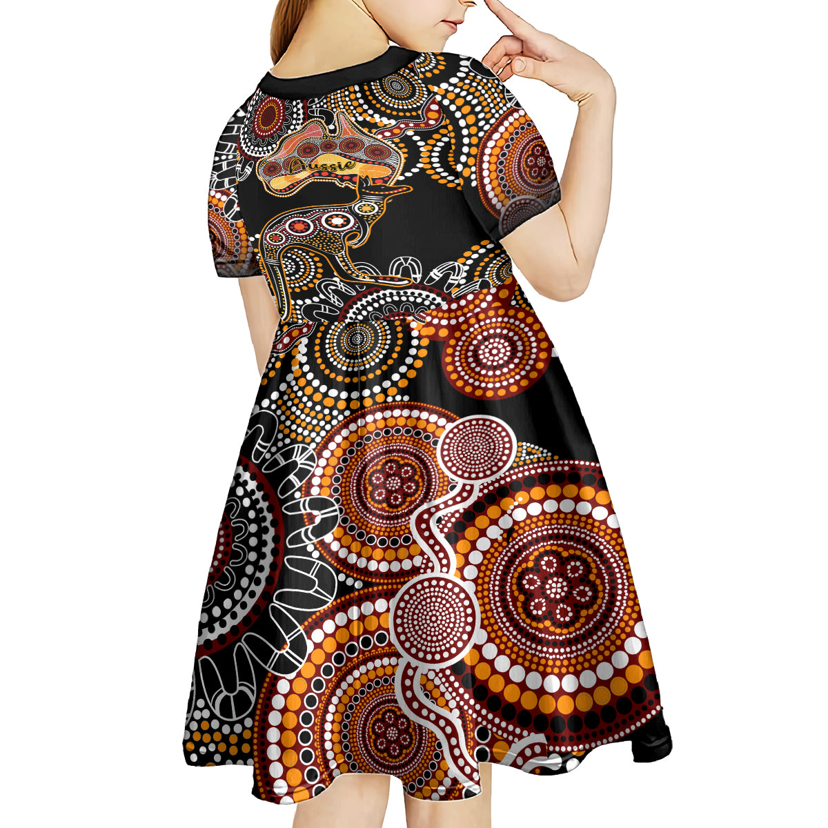 Australia Aboriginal Kid Short Sleeve Dress Australian Map With Kangaroo Indigenous Art - Vibe Hoodie Shop