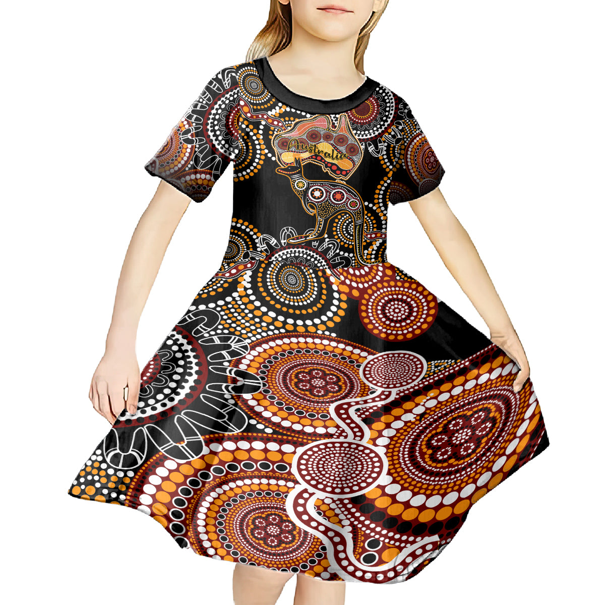 Australia Aboriginal Kid Short Sleeve Dress Australian Map With Kangaroo Indigenous Art - Vibe Hoodie Shop