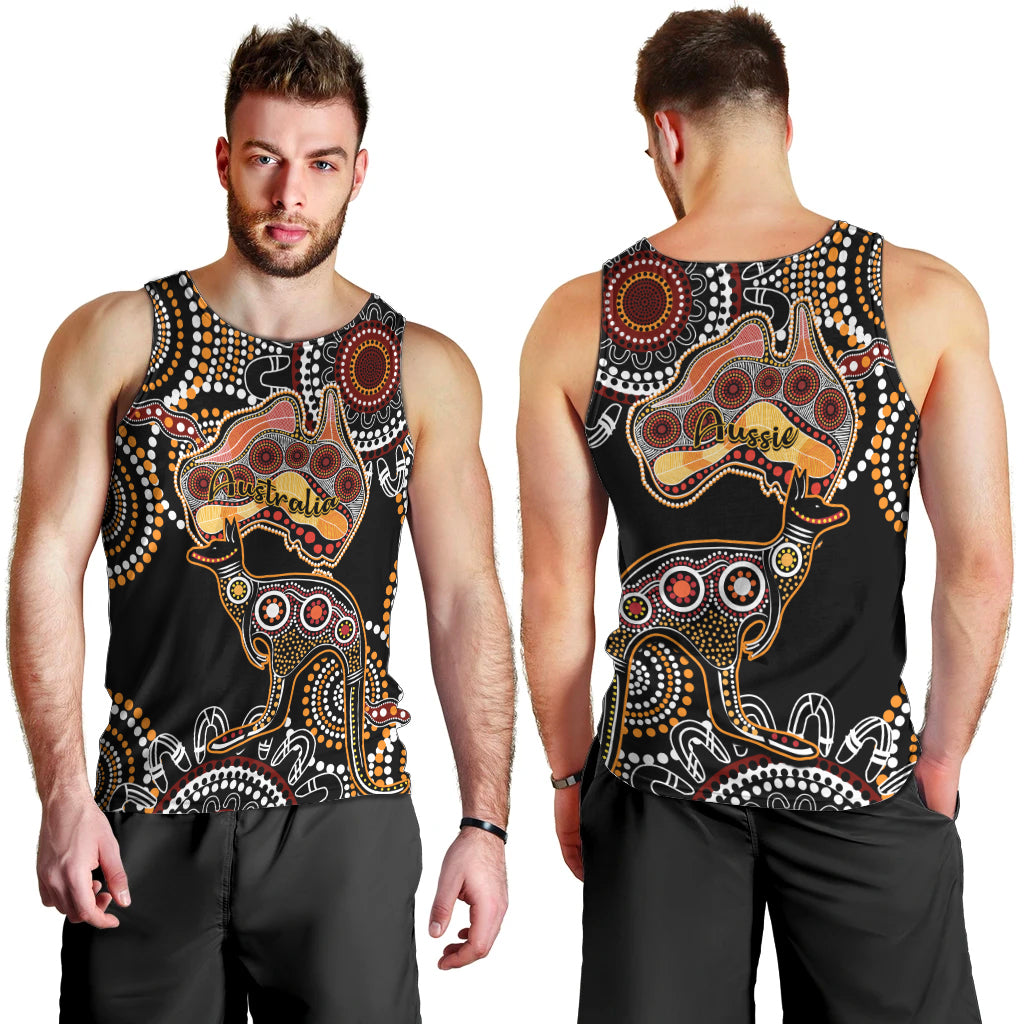 Australia Aboriginal Men Tank Top Australian Map With Kangaroo Indigenous Art - Vibe Hoodie Shop