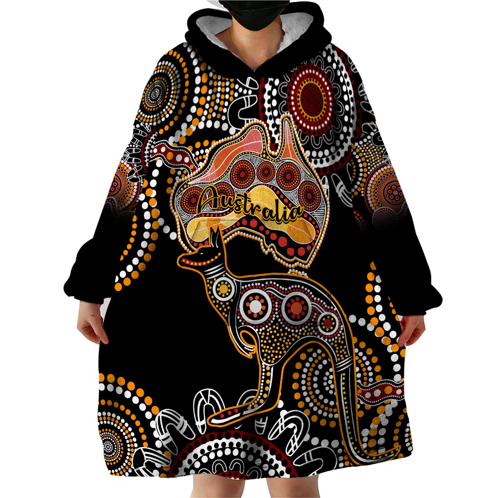 Australia Aboriginal Wearable Blanket Hoodie Australian Map With Kangaroo Indigenous Art - Vibe Hoodie Shop