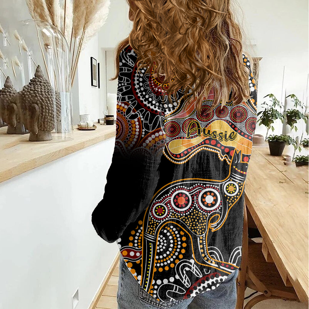 Australia Aboriginal Women Casual Shirt Australian Map With Kangaroo Indigenous Art - Vibe Hoodie Shop