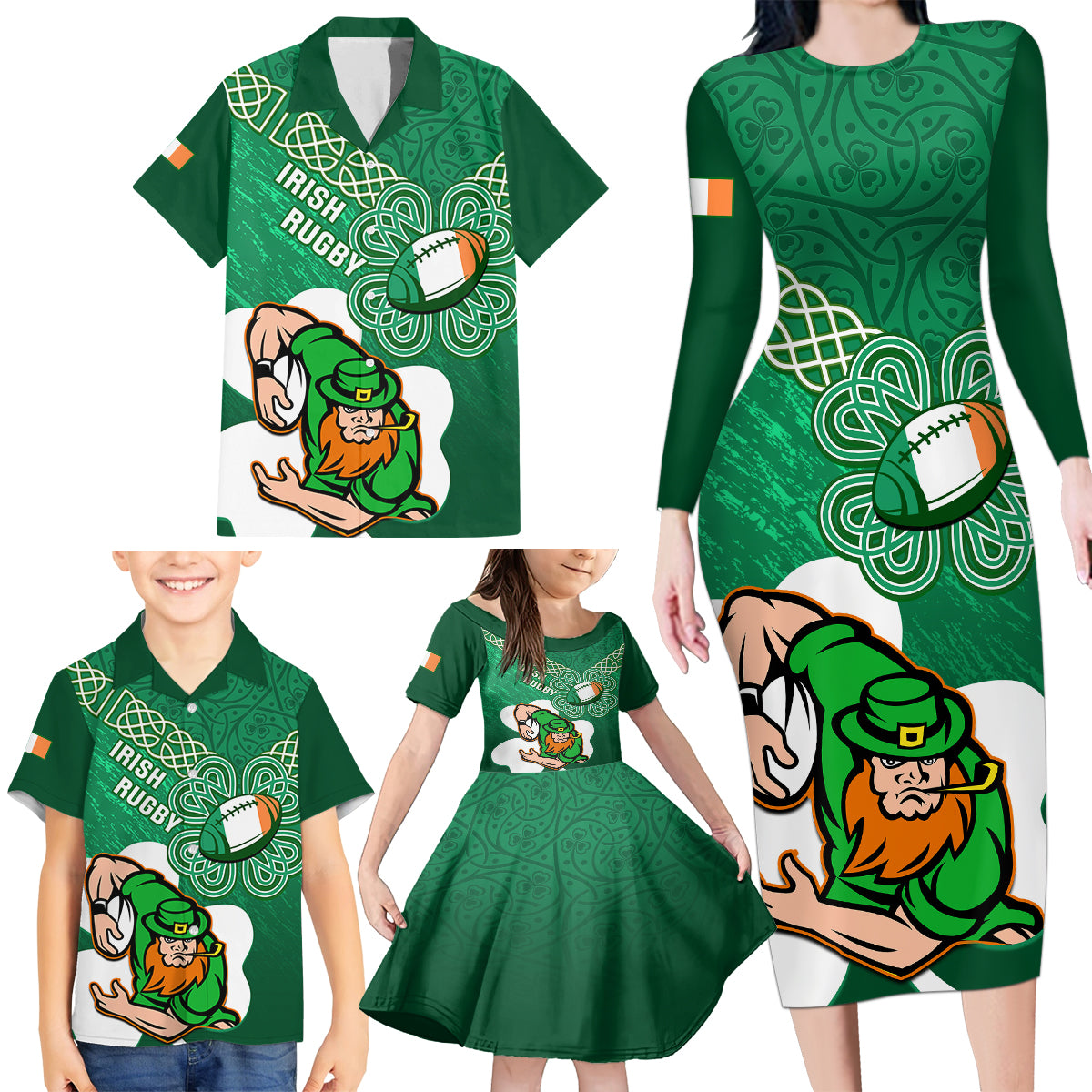 custom-ireland-rugby-family-matching-long-sleeve-bodycon-dress-and-hawaiian-shirt-2024-irish-shamrocks-with-celtic-pattern