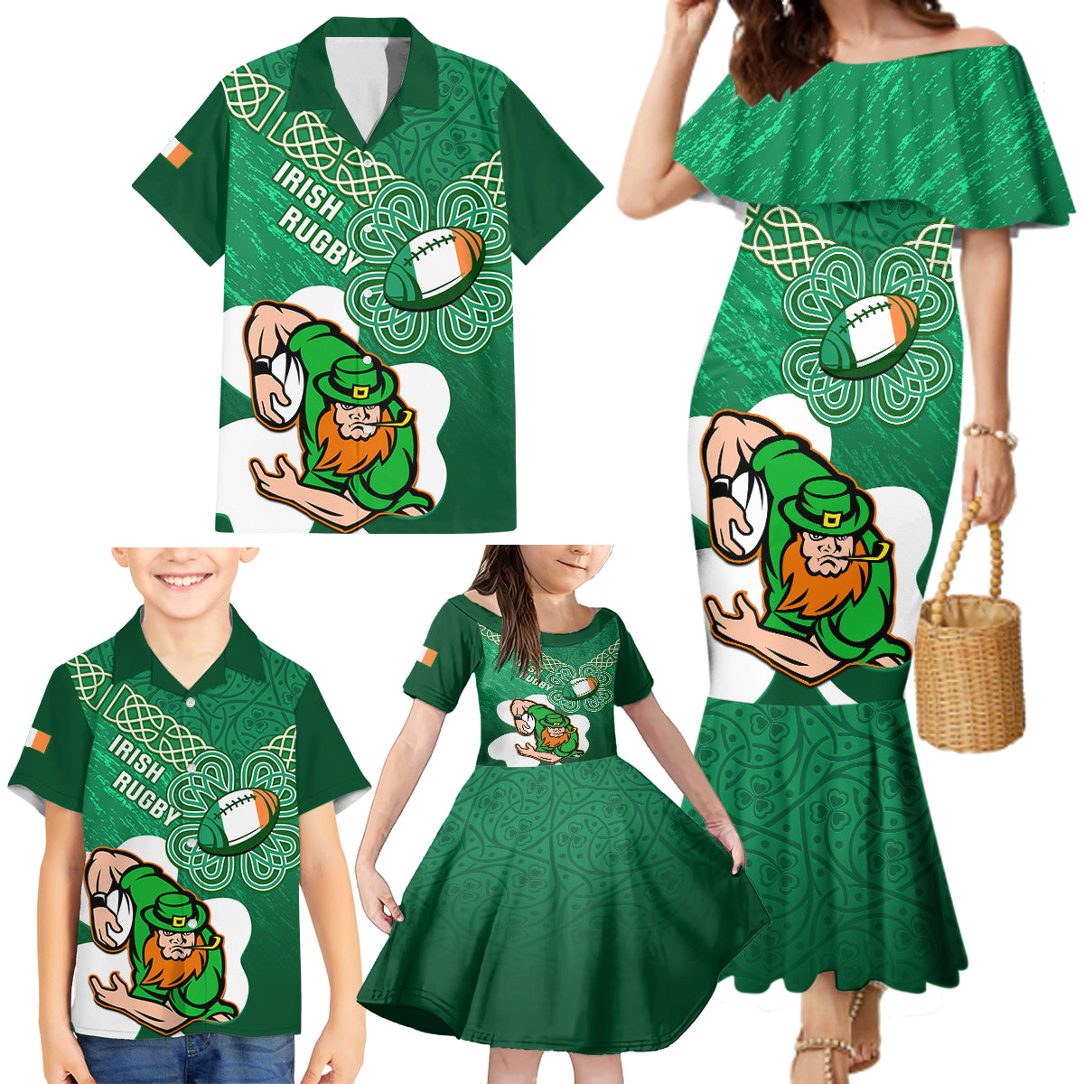 custom-ireland-rugby-family-matching-mermaid-dress-and-hawaiian-shirt-2024-irish-shamrocks-with-celtic-pattern