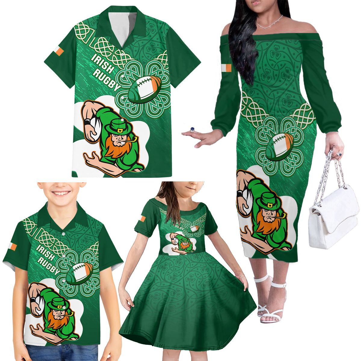 custom-ireland-rugby-family-matching-off-shoulder-long-sleeve-dress-and-hawaiian-shirt-2024-irish-shamrocks-with-celtic-pattern