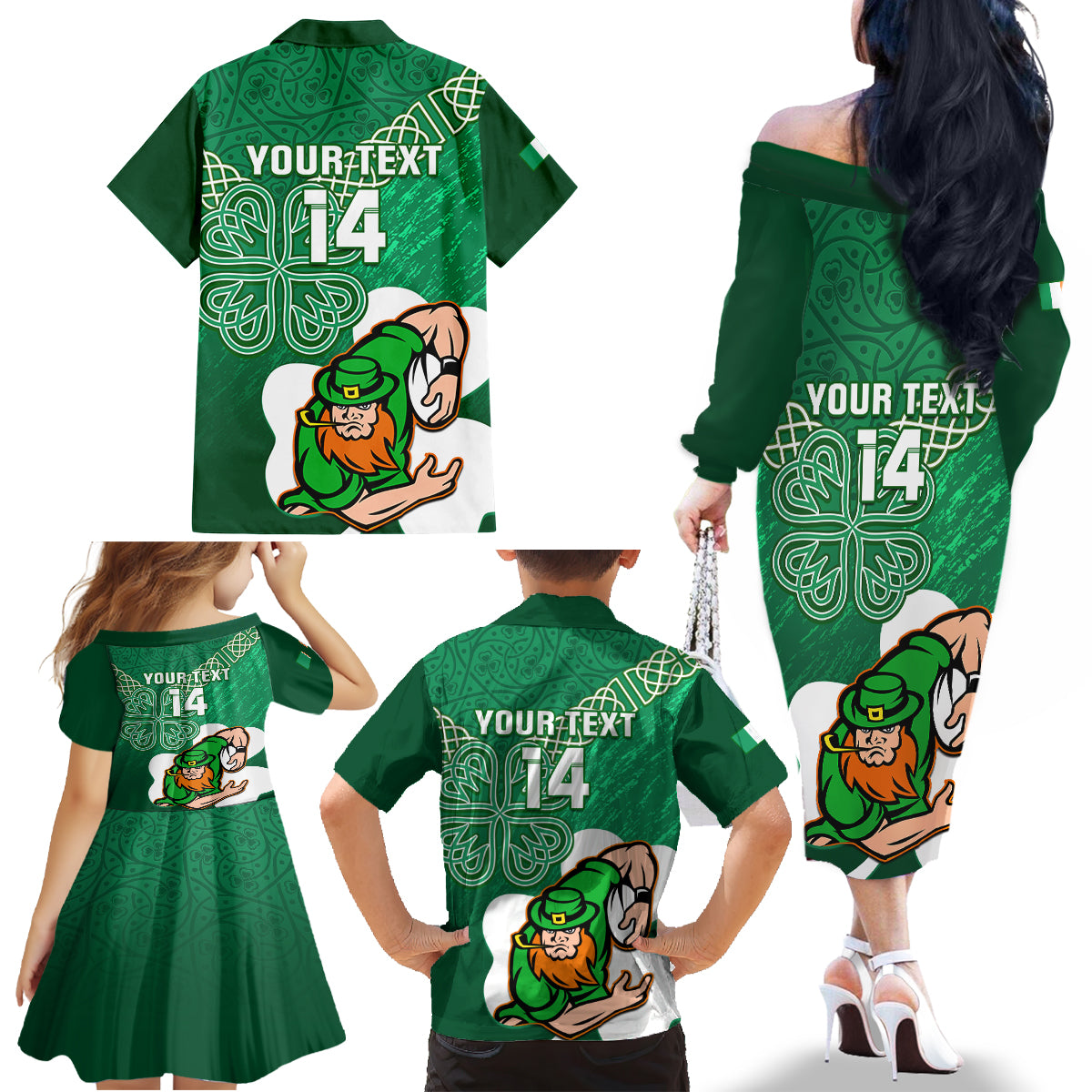 custom-ireland-rugby-family-matching-off-shoulder-long-sleeve-dress-and-hawaiian-shirt-2024-irish-shamrocks-with-celtic-pattern