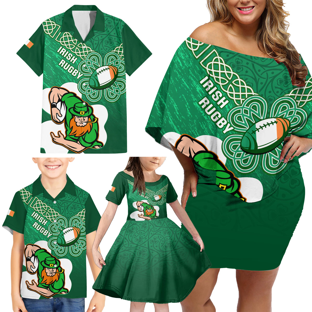 custom-ireland-rugby-family-matching-off-shoulder-short-dress-and-hawaiian-shirt-2024-irish-shamrocks-with-celtic-pattern