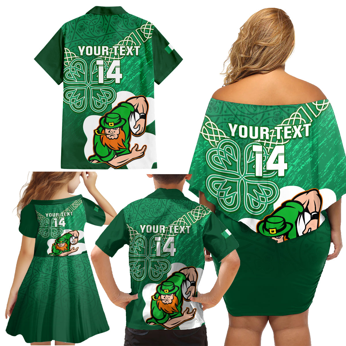 custom-ireland-rugby-family-matching-off-shoulder-short-dress-and-hawaiian-shirt-2024-irish-shamrocks-with-celtic-pattern