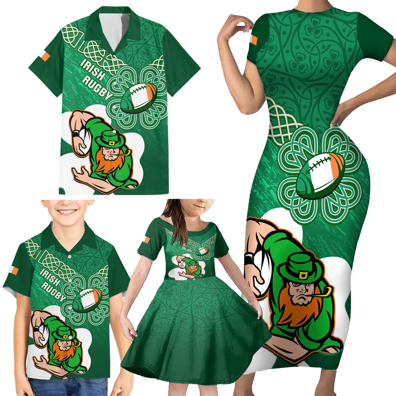 custom-ireland-rugby-family-matching-short-sleeve-bodycon-dress-and-hawaiian-shirt-2024-irish-shamrocks-with-celtic-pattern