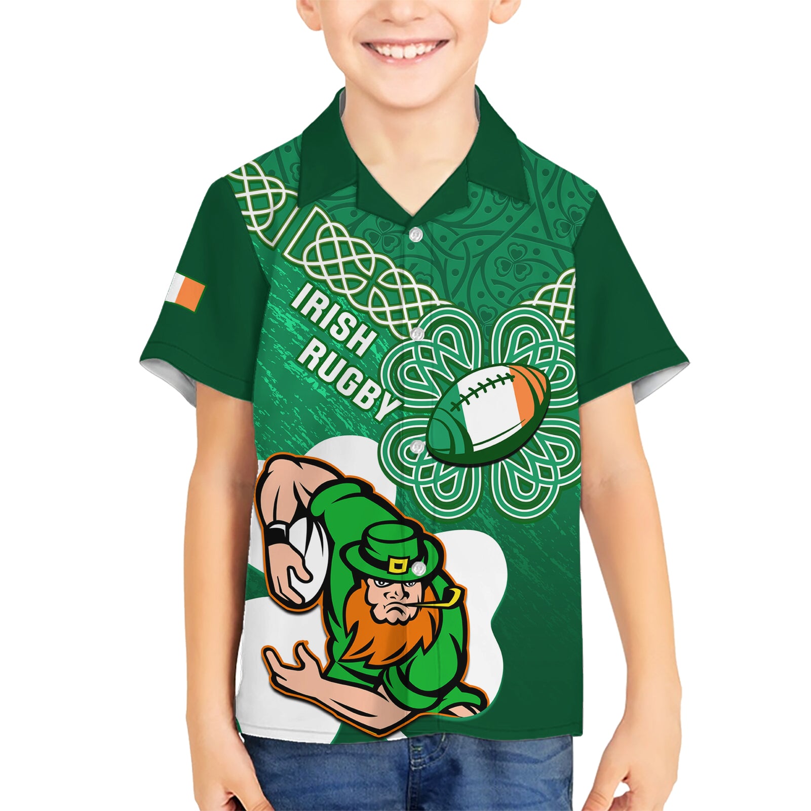 custom-ireland-rugby-family-matching-short-sleeve-bodycon-dress-and-hawaiian-shirt-2024-irish-shamrocks-with-celtic-pattern