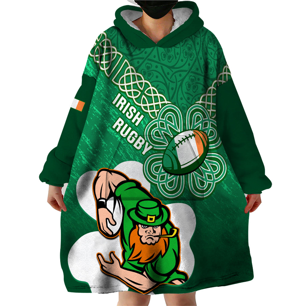 Custom Ireland Rugby Wearable Blanket Hoodie 2024 Irish Shamrocks With Celtic Pattern - Vibe Hoodie Shop