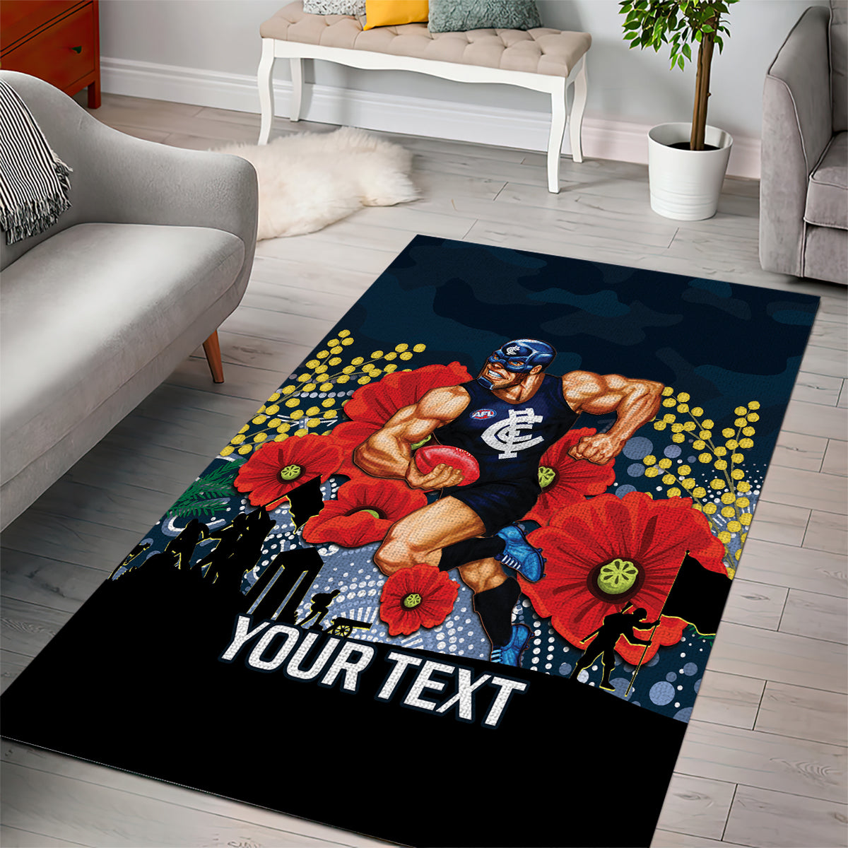 Custom Blues Football ANZAC Area Rug Gallipoli Camouflage With Poppies - Vibe Hoodie Shop