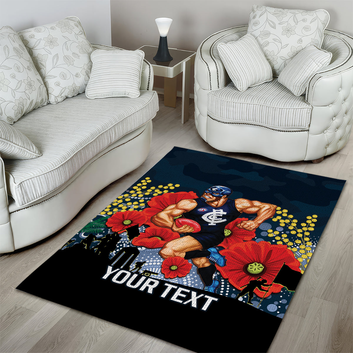 Custom Blues Football ANZAC Area Rug Gallipoli Camouflage With Poppies - Vibe Hoodie Shop