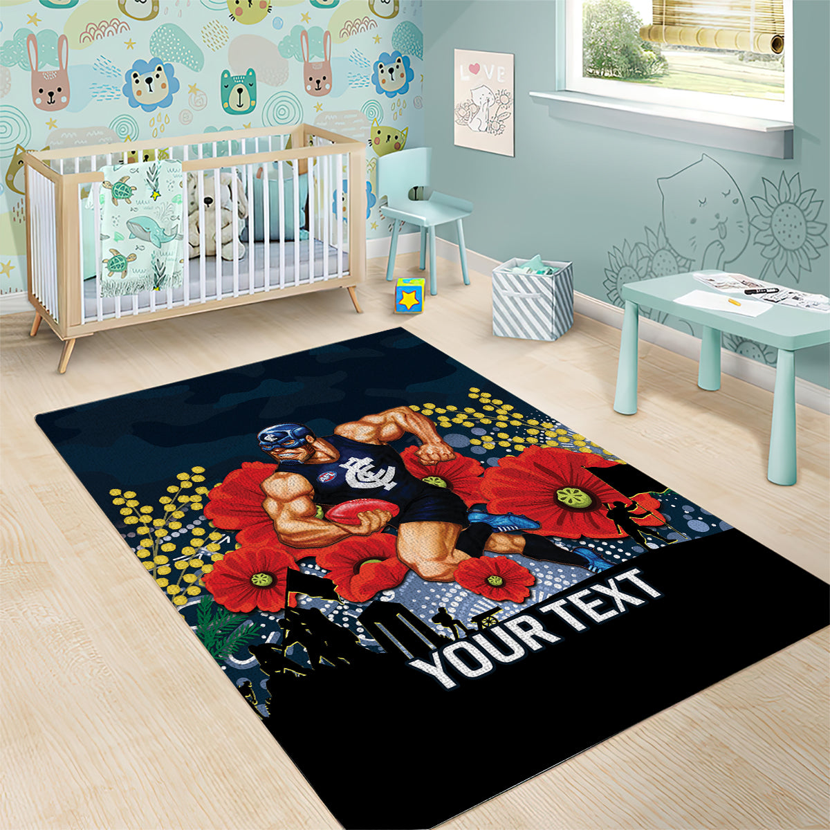 Custom Blues Football ANZAC Area Rug Gallipoli Camouflage With Poppies - Vibe Hoodie Shop