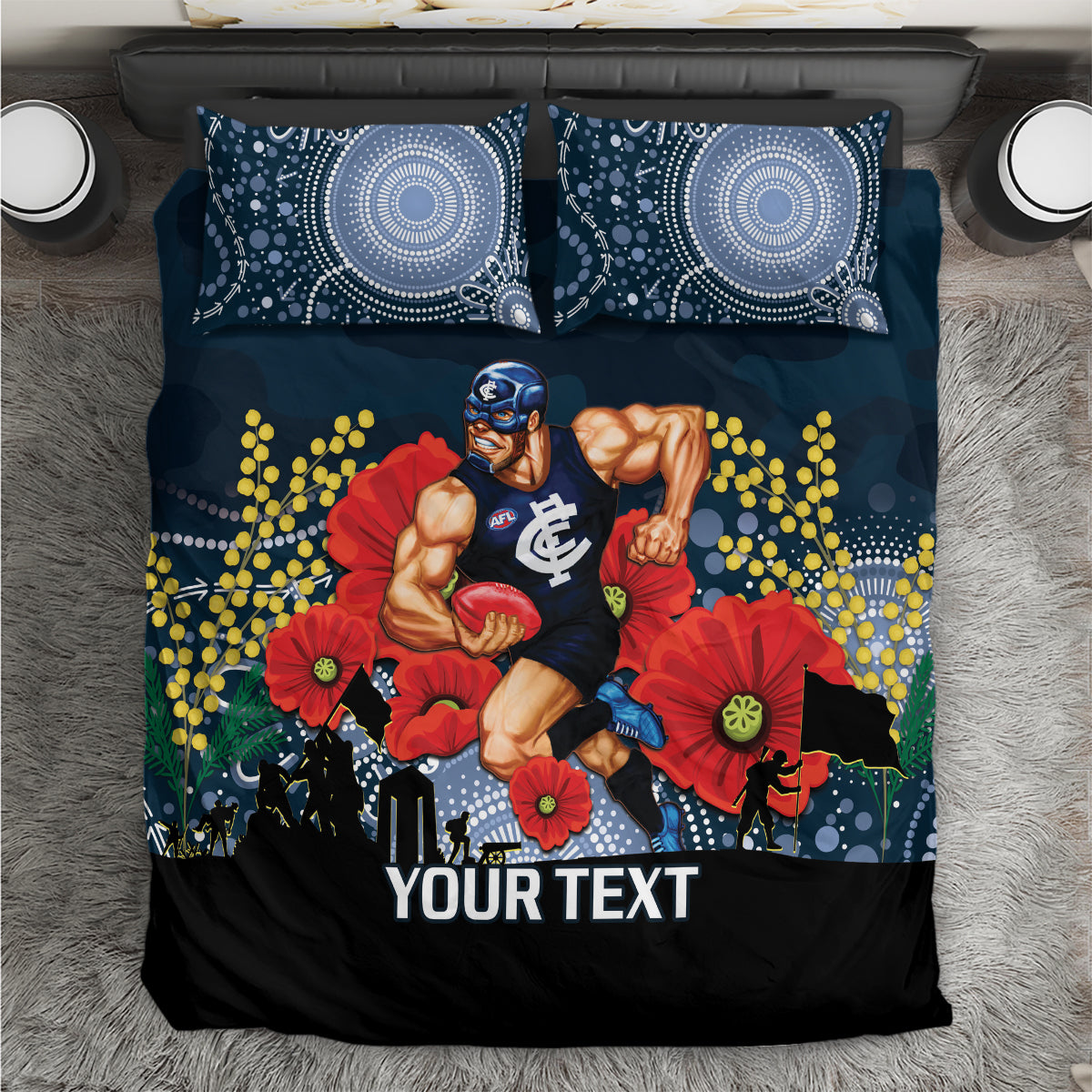Custom Blues Football ANZAC Bedding Set Gallipoli Camouflage With Poppies - Vibe Hoodie Shop