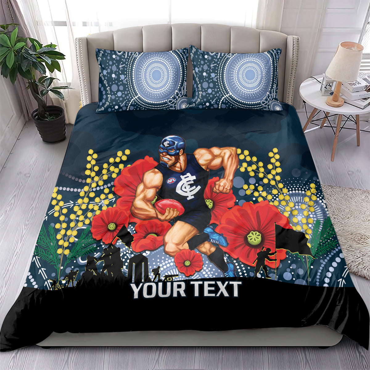 Custom Blues Football ANZAC Bedding Set Gallipoli Camouflage With Poppies - Vibe Hoodie Shop