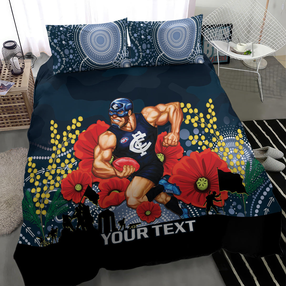 Custom Blues Football ANZAC Bedding Set Gallipoli Camouflage With Poppies - Vibe Hoodie Shop