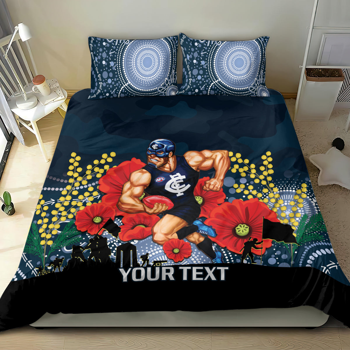 Custom Blues Football ANZAC Bedding Set Gallipoli Camouflage With Poppies - Vibe Hoodie Shop