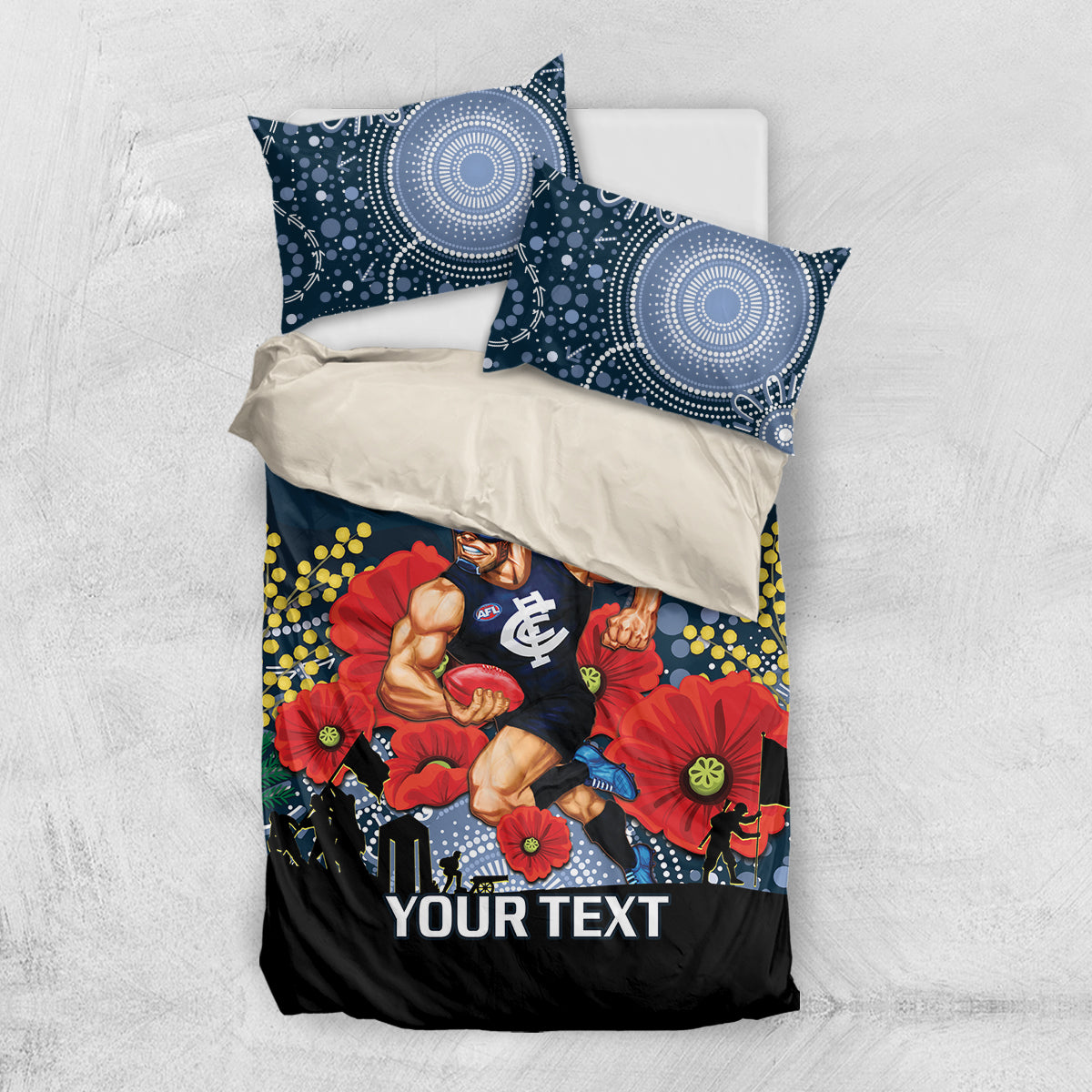 Custom Blues Football ANZAC Bedding Set Gallipoli Camouflage With Poppies - Vibe Hoodie Shop