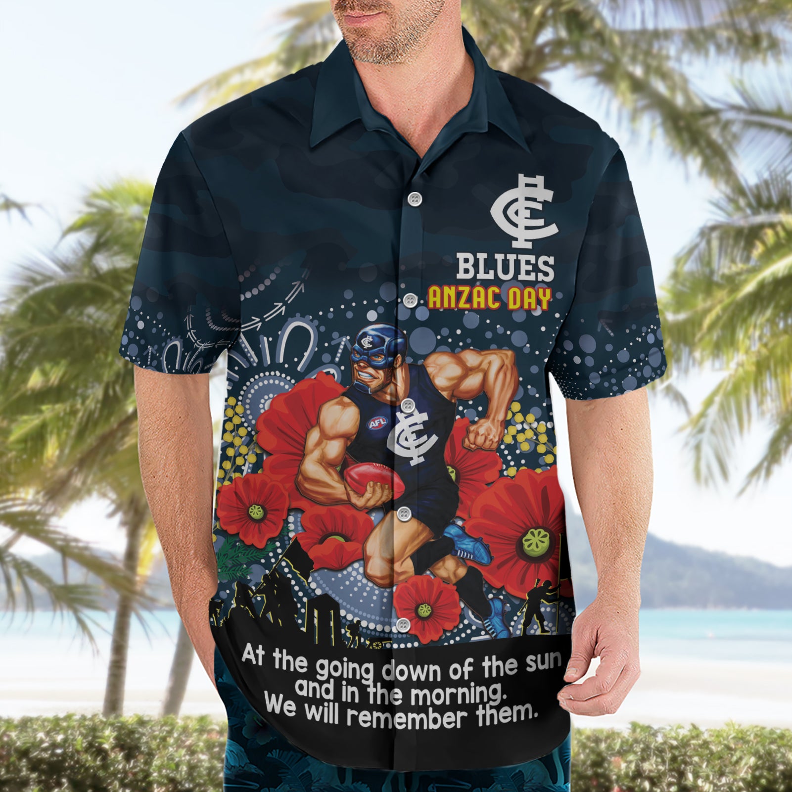 Custom Blues Football ANZAC Hawaiian Shirt Gallipoli Camouflage With Poppies - Vibe Hoodie Shop