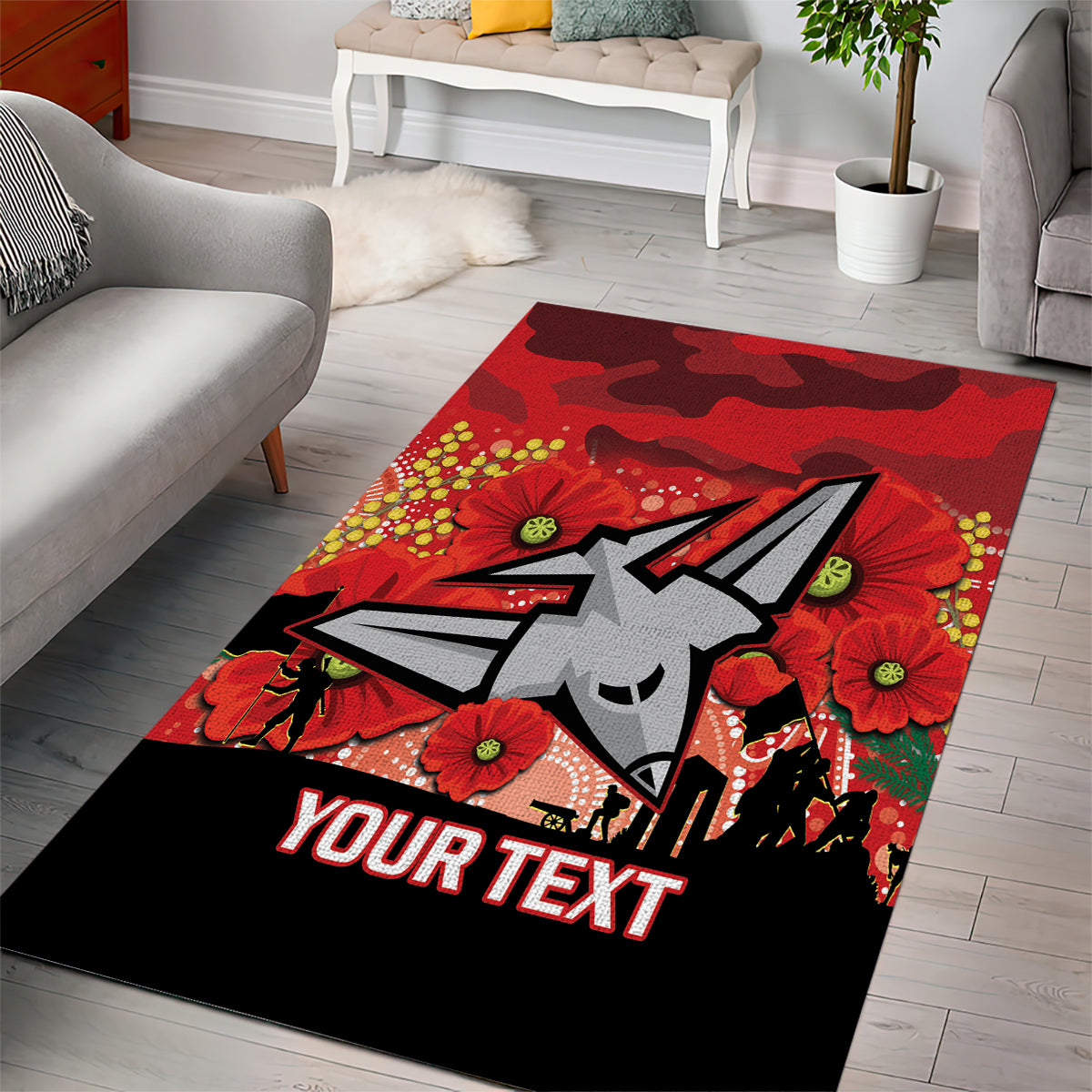 Custom Essendon Football ANZAC Area Rug Gallipoli Camouflage With Poppies - Vibe Hoodie Shop