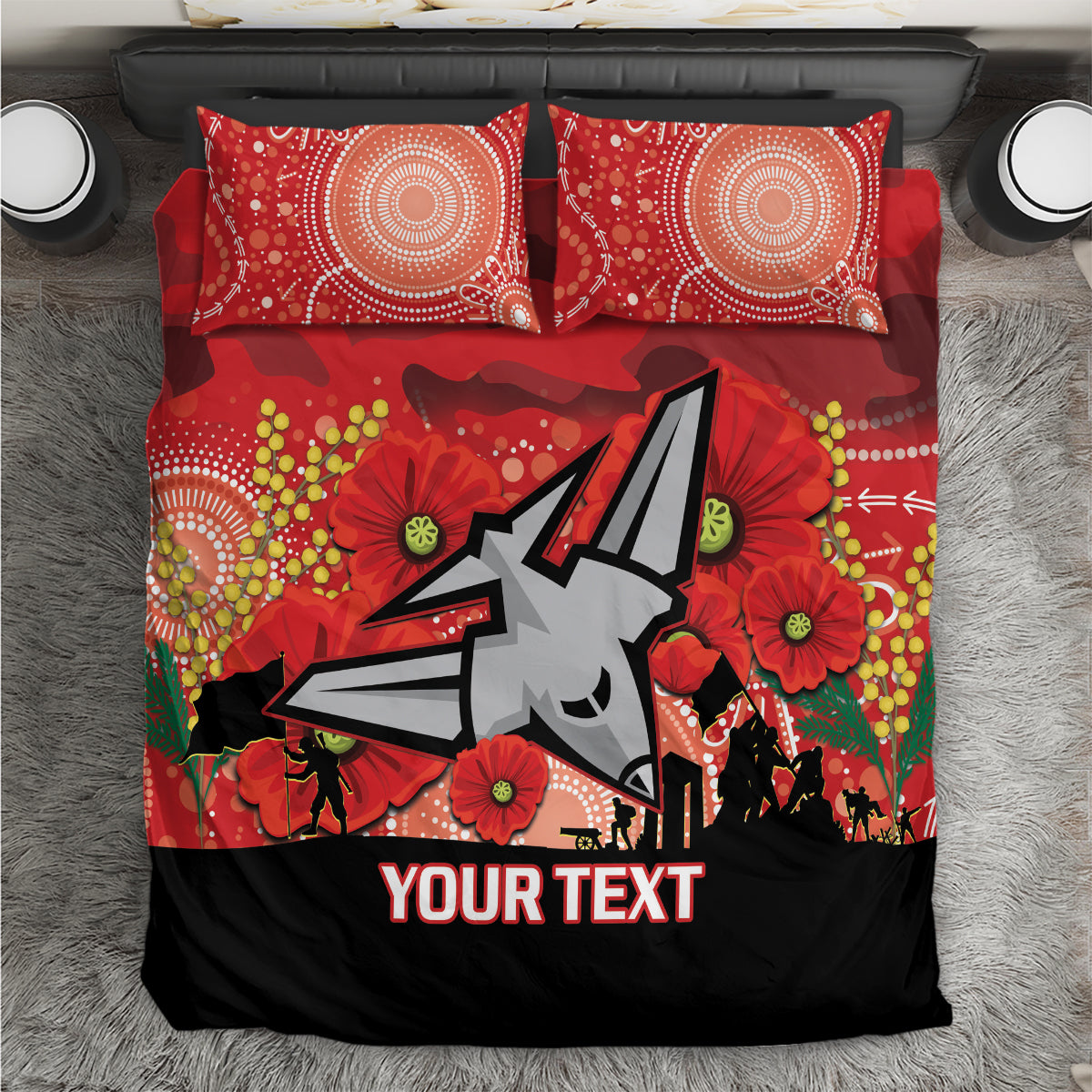 Custom Essendon Football ANZAC Bedding Set Gallipoli Camouflage With Poppies - Vibe Hoodie Shop