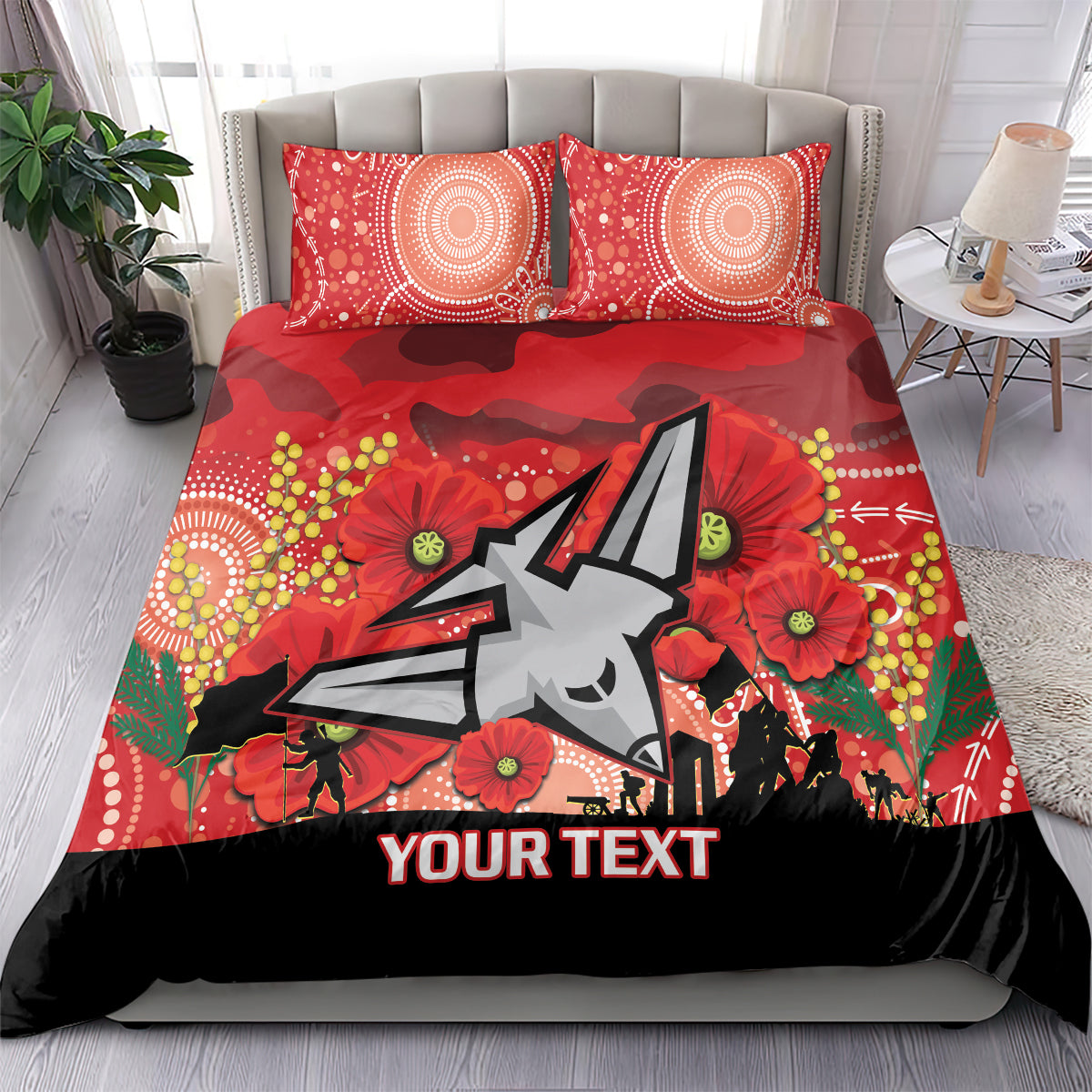 Custom Essendon Football ANZAC Bedding Set Gallipoli Camouflage With Poppies - Vibe Hoodie Shop