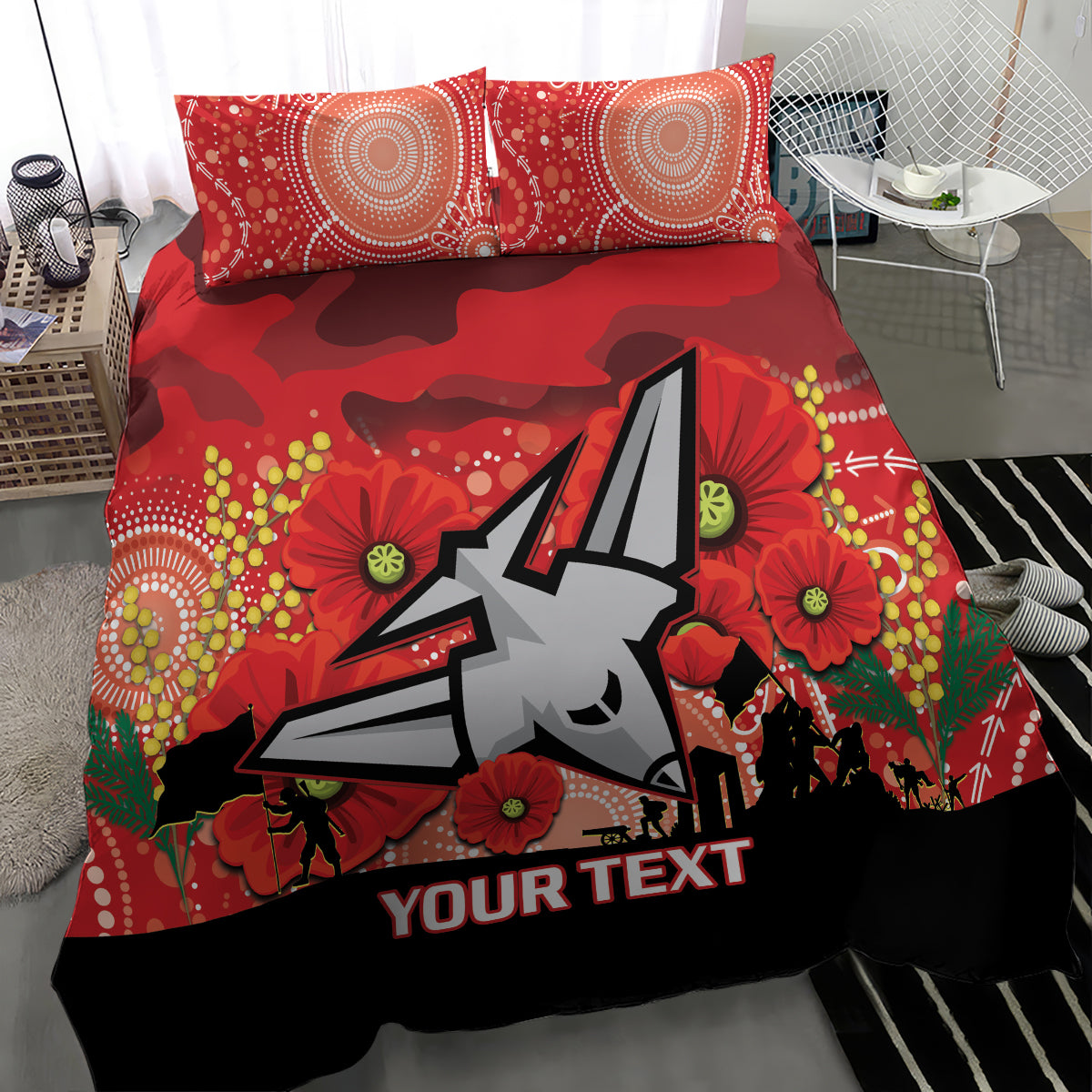 Custom Essendon Football ANZAC Bedding Set Gallipoli Camouflage With Poppies - Vibe Hoodie Shop