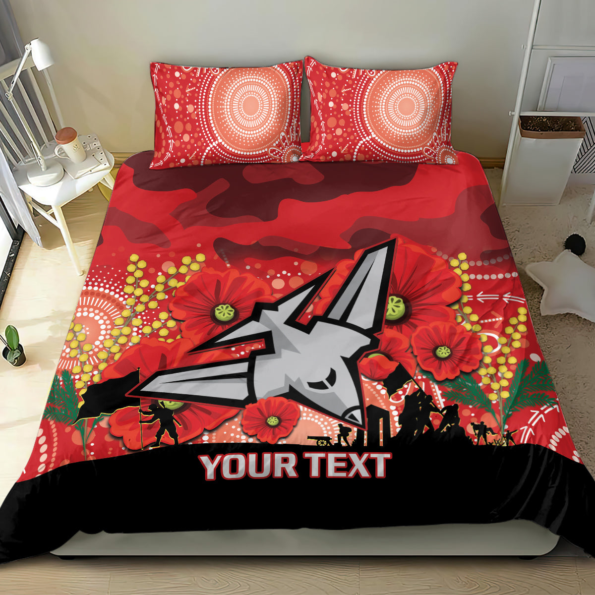 Custom Essendon Football ANZAC Bedding Set Gallipoli Camouflage With Poppies - Vibe Hoodie Shop