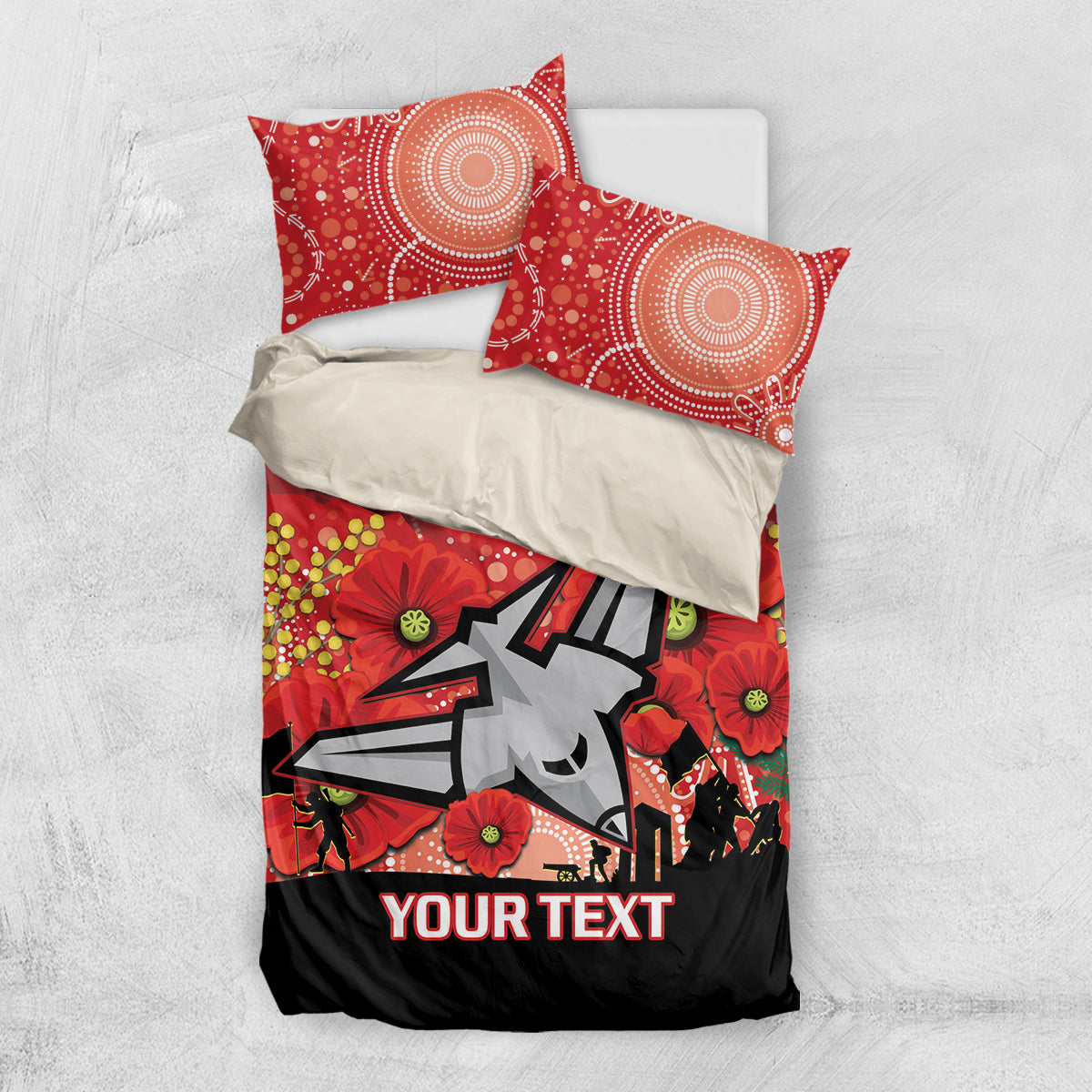 Custom Essendon Football ANZAC Bedding Set Gallipoli Camouflage With Poppies - Vibe Hoodie Shop
