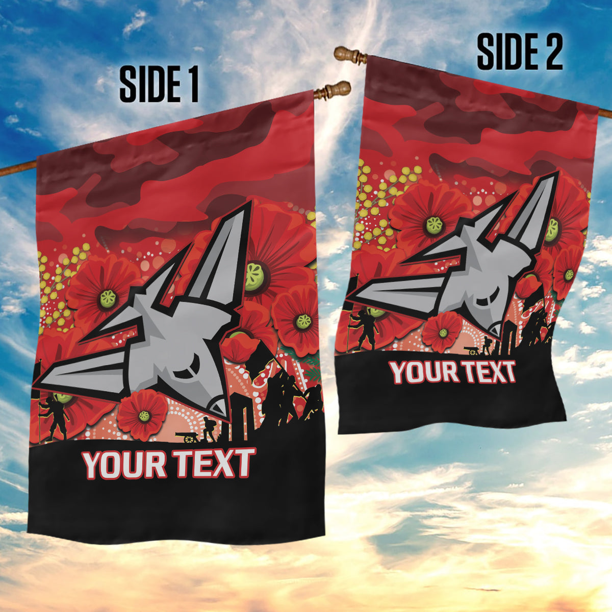 Custom Essendon Football ANZAC Garden Flag Gallipoli Camouflage With Poppies - Vibe Hoodie Shop