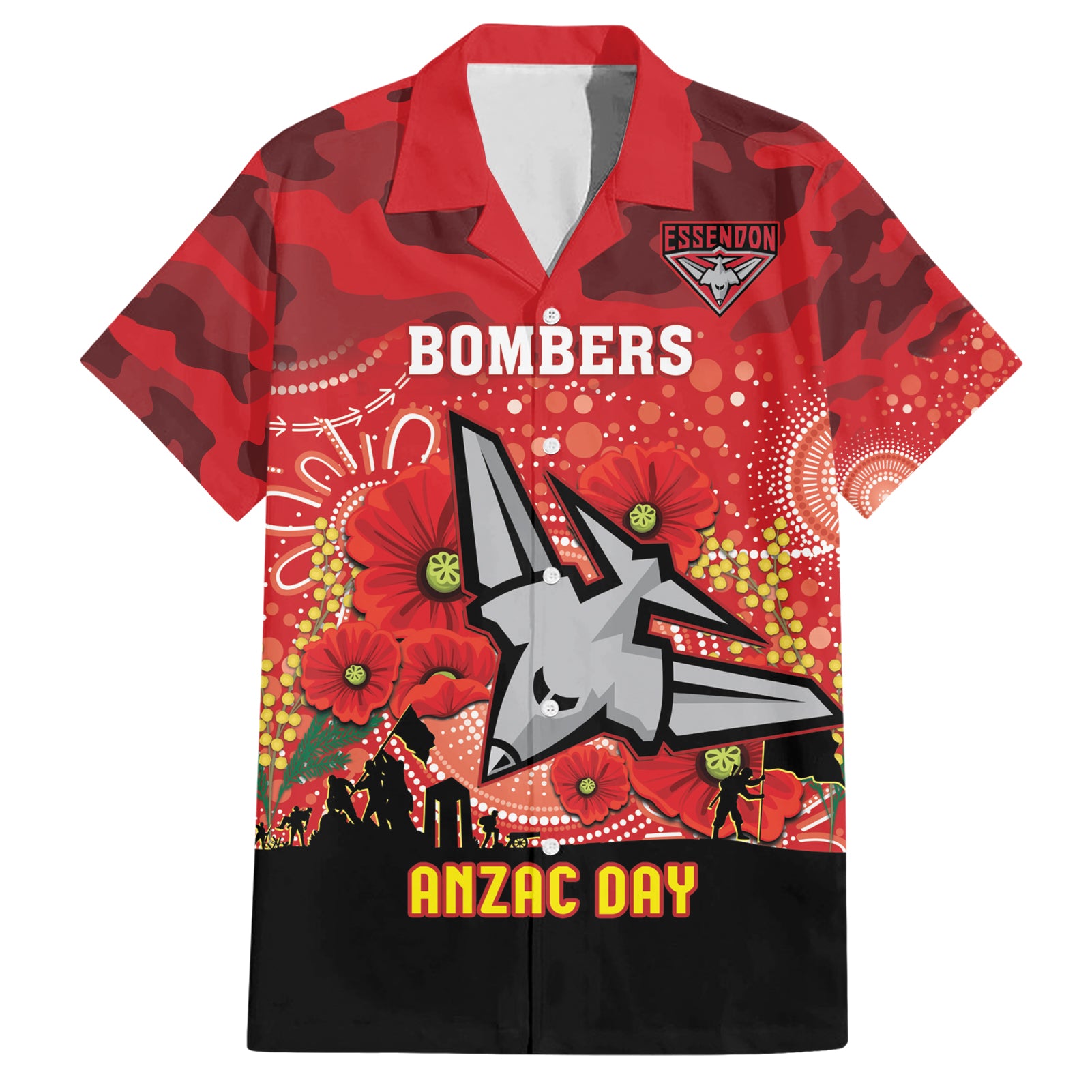 Custom Essendon Football ANZAC Hawaiian Shirt Gallipoli Camouflage With Poppies - Vibe Hoodie Shop