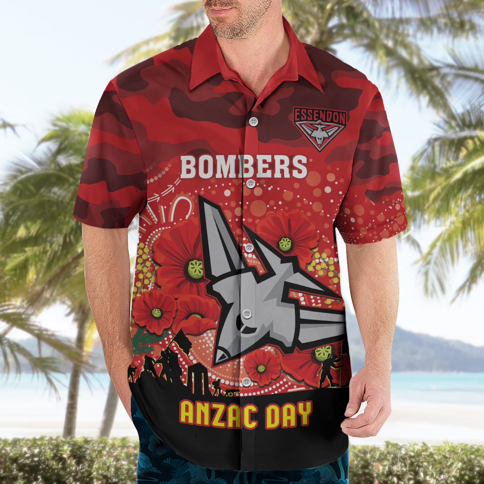 Custom Essendon Football ANZAC Hawaiian Shirt Gallipoli Camouflage With Poppies - Vibe Hoodie Shop