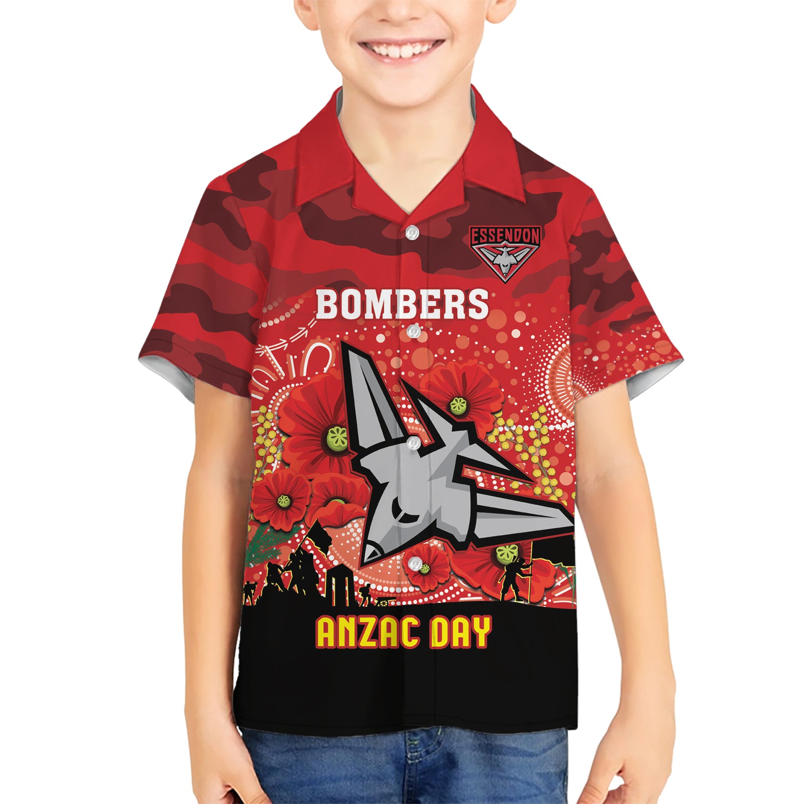 Custom Essendon Football ANZAC Hawaiian Shirt Gallipoli Camouflage With Poppies - Vibe Hoodie Shop