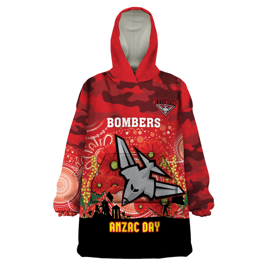 Custom Essendon Football ANZAC Wearable Blanket Hoodie Gallipoli Camouflage With Poppies - Vibe Hoodie Shop