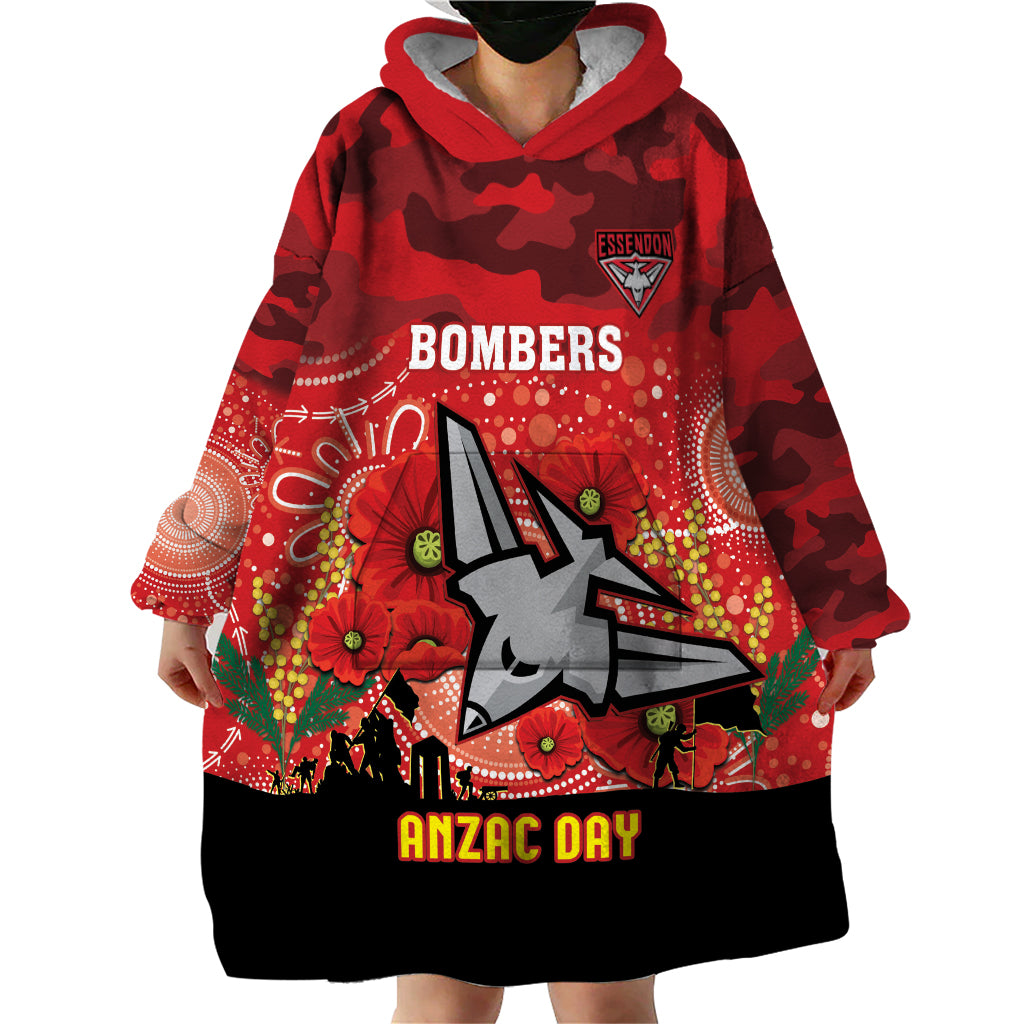 Custom Essendon Football ANZAC Wearable Blanket Hoodie Gallipoli Camouflage With Poppies - Vibe Hoodie Shop