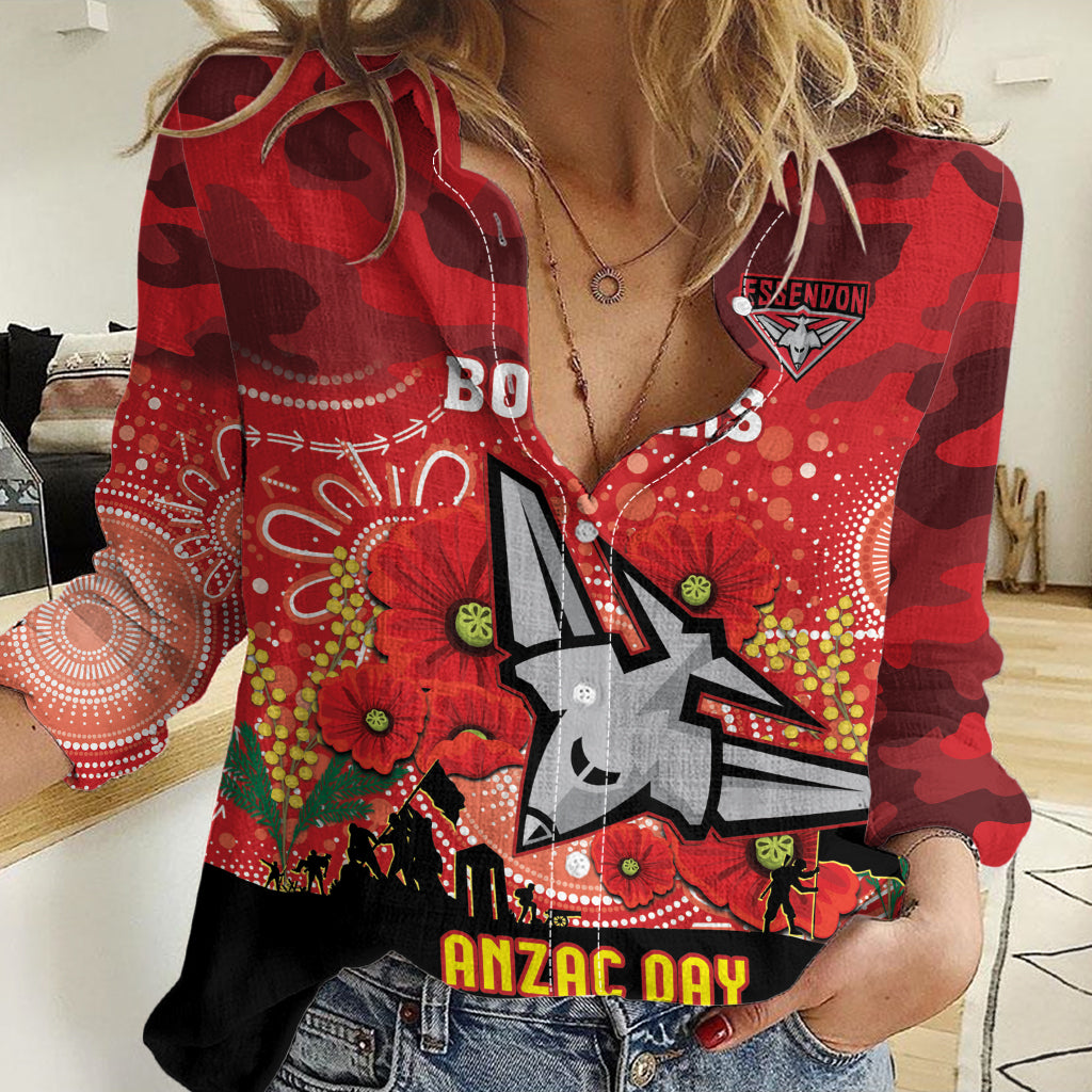 Custom Essendon Football ANZAC Women Casual Shirt Gallipoli Camouflage With Poppies - Vibe Hoodie Shop