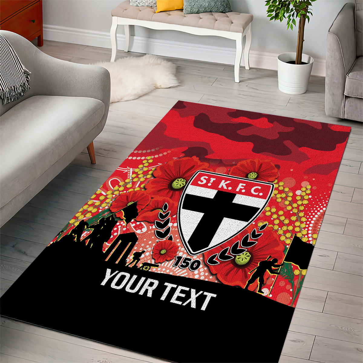 Custom St Kilda Football ANZAC Area Rug Gallipoli Camouflage With Poppies - Vibe Hoodie Shop