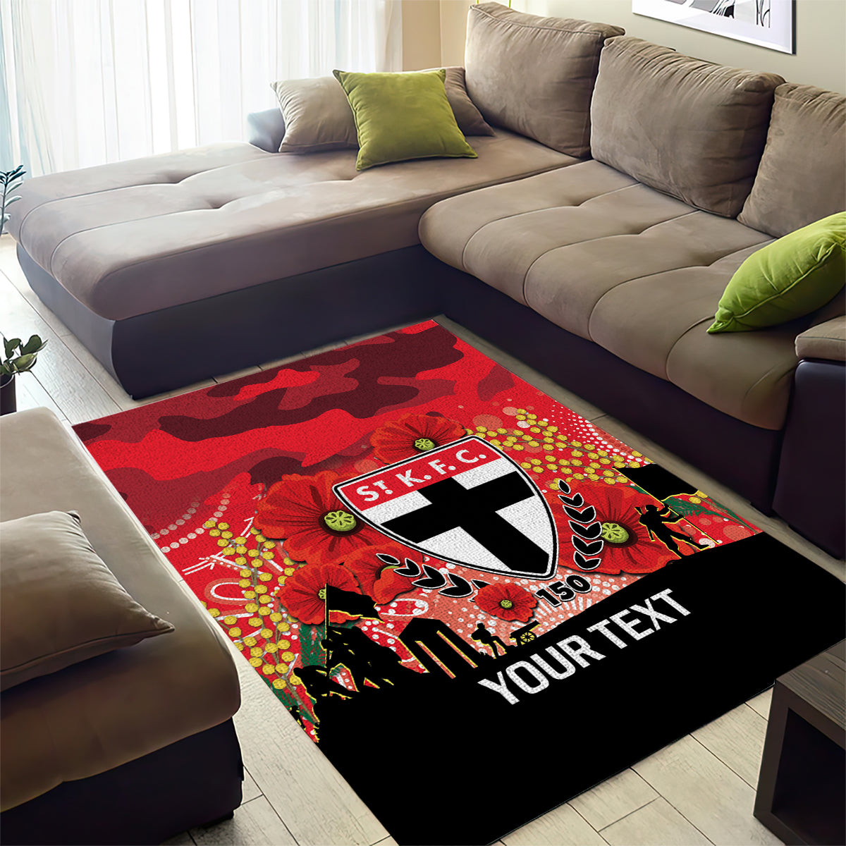 Custom St Kilda Football ANZAC Area Rug Gallipoli Camouflage With Poppies - Vibe Hoodie Shop