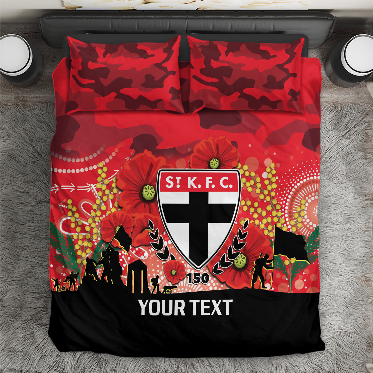 Custom St Kilda Football ANZAC Bedding Set Gallipoli Camouflage With Poppies - Vibe Hoodie Shop