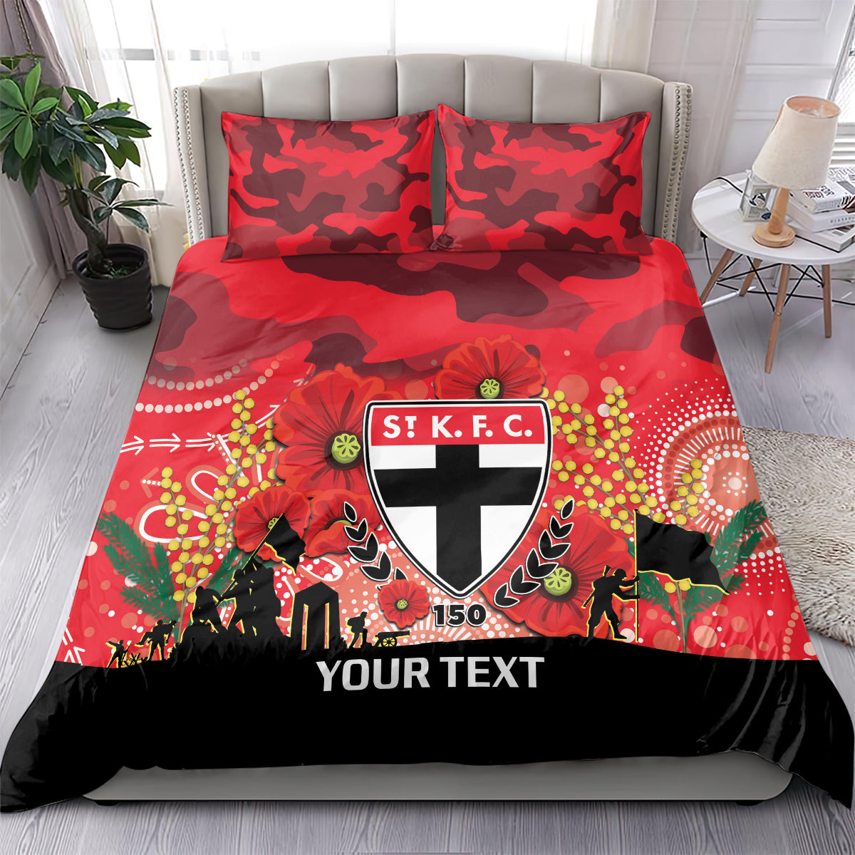 Custom St Kilda Football ANZAC Bedding Set Gallipoli Camouflage With Poppies - Vibe Hoodie Shop