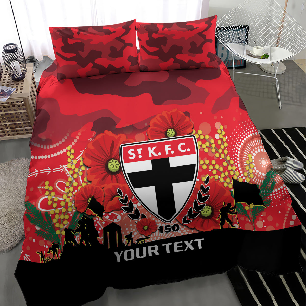 Custom St Kilda Football ANZAC Bedding Set Gallipoli Camouflage With Poppies - Vibe Hoodie Shop