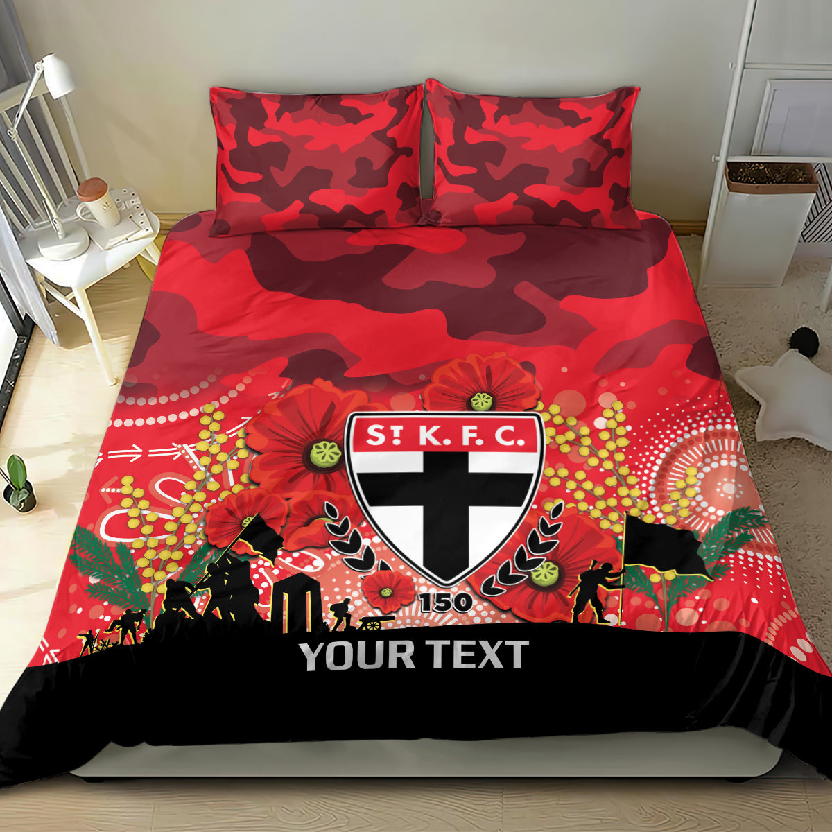 Custom St Kilda Football ANZAC Bedding Set Gallipoli Camouflage With Poppies - Vibe Hoodie Shop