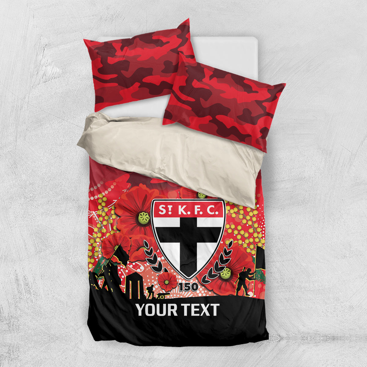 Custom St Kilda Football ANZAC Bedding Set Gallipoli Camouflage With Poppies - Vibe Hoodie Shop