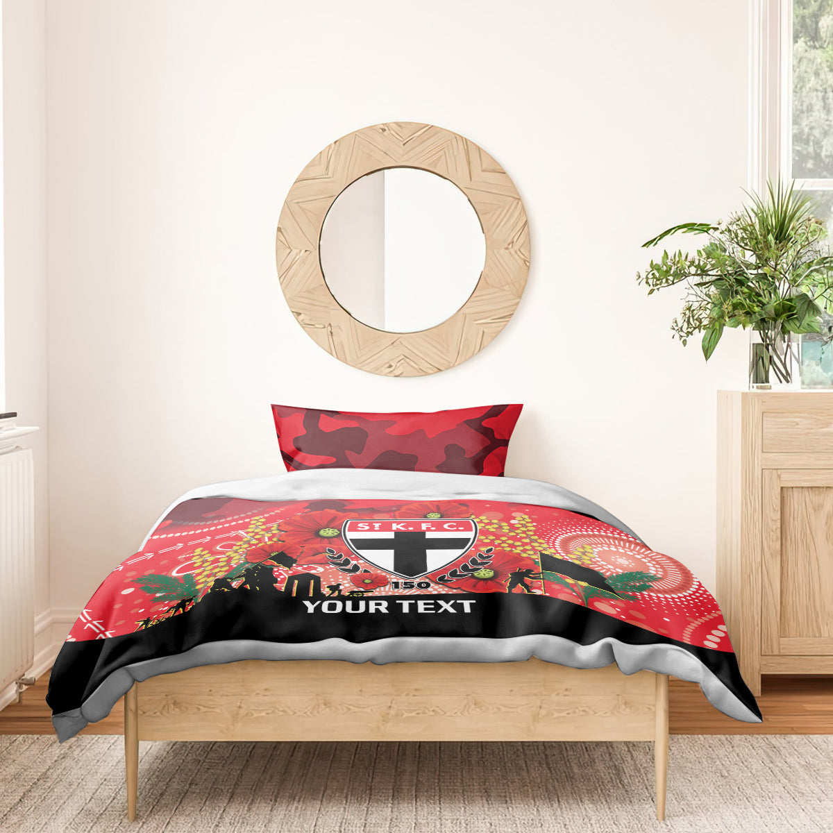 Custom St Kilda Football ANZAC Bedding Set Gallipoli Camouflage With Poppies - Vibe Hoodie Shop