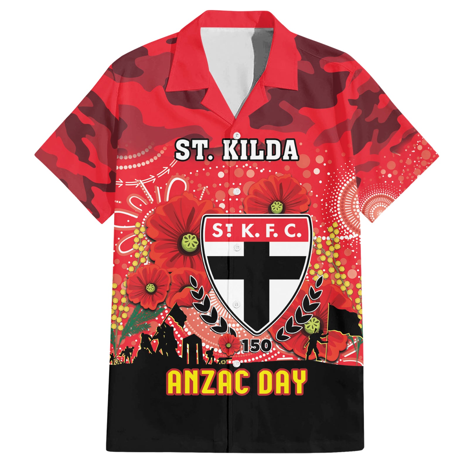 Custom St Kilda Football ANZAC Hawaiian Shirt Gallipoli Camouflage With Poppies - Vibe Hoodie Shop