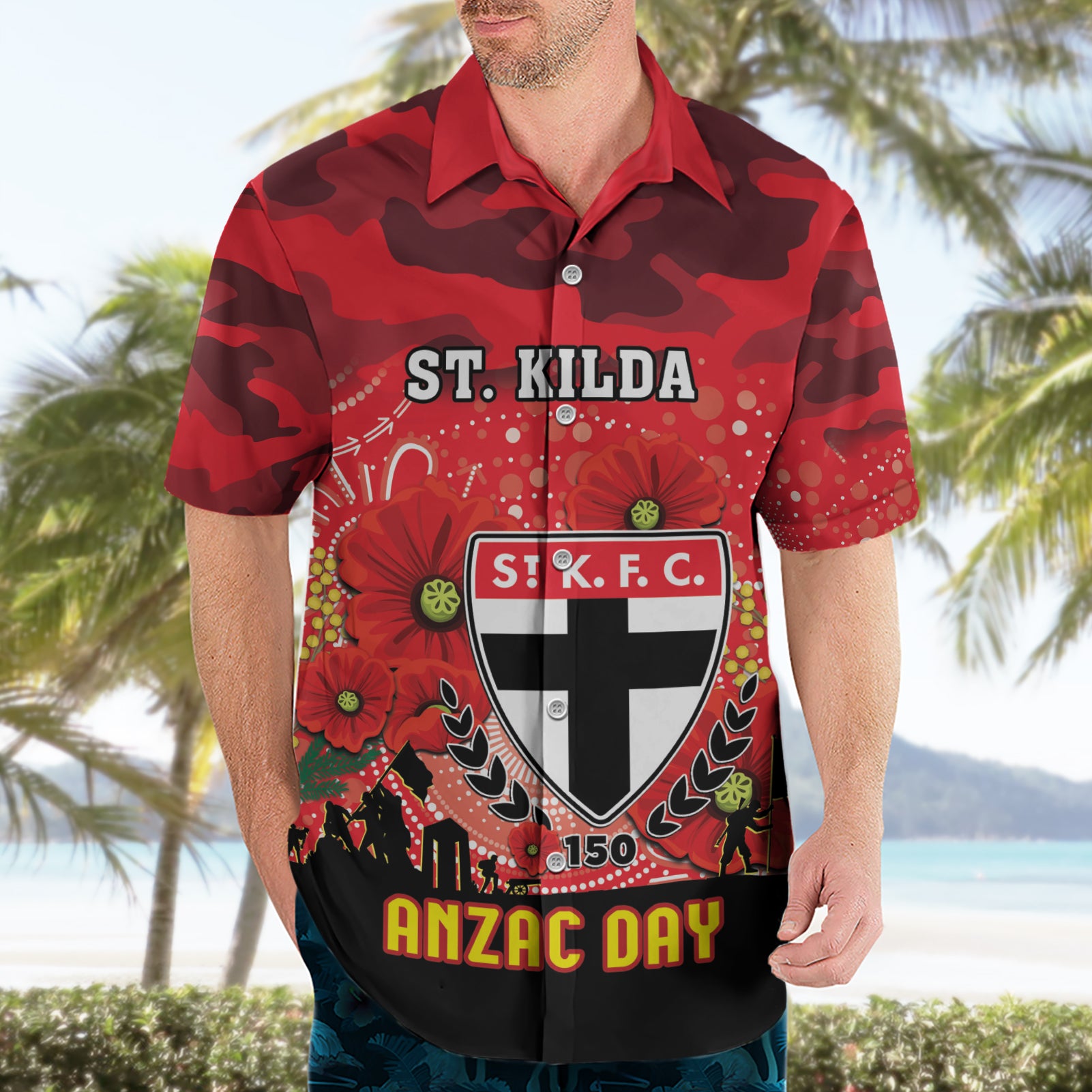 Custom St Kilda Football ANZAC Hawaiian Shirt Gallipoli Camouflage With Poppies - Vibe Hoodie Shop