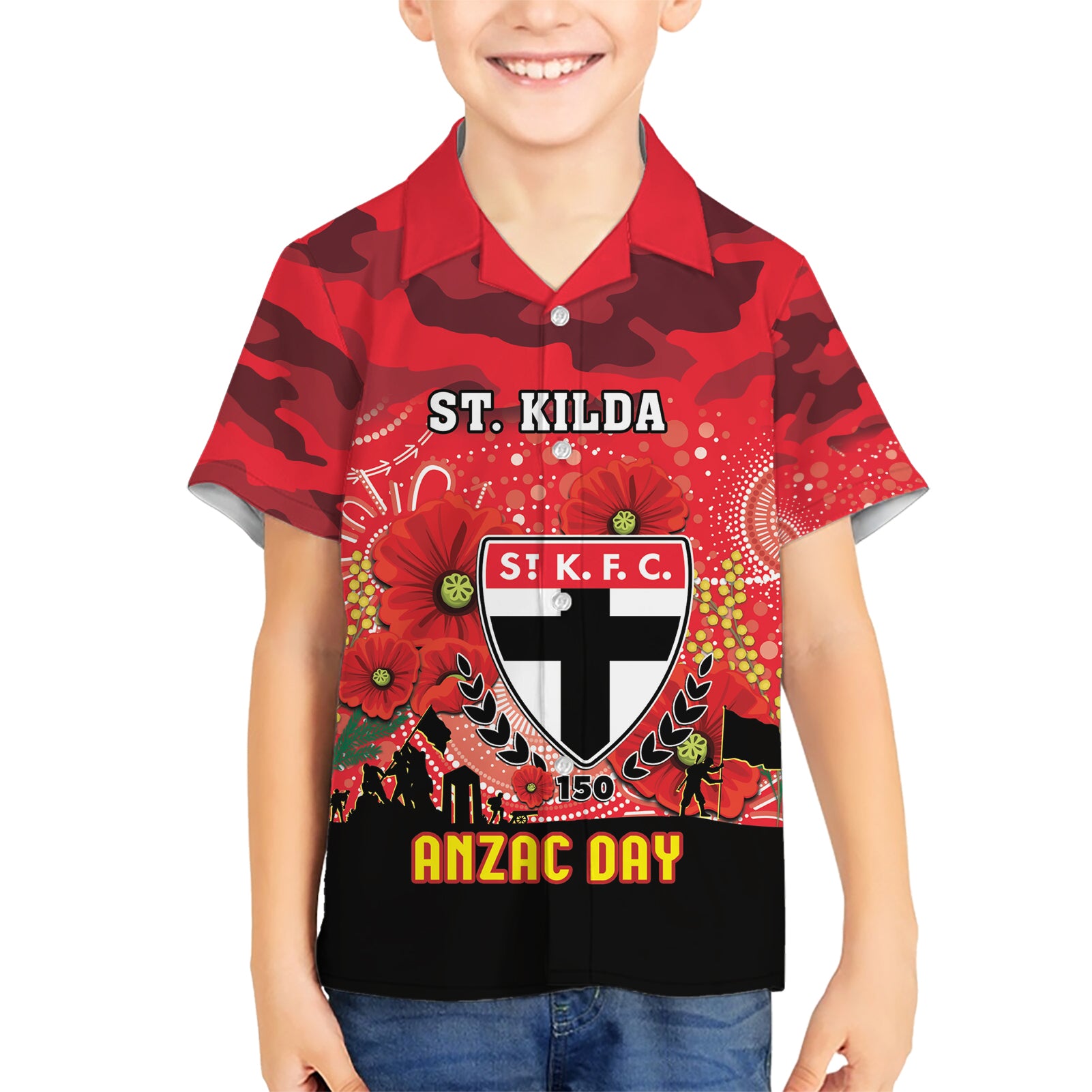 Custom St Kilda Football ANZAC Hawaiian Shirt Gallipoli Camouflage With Poppies - Vibe Hoodie Shop