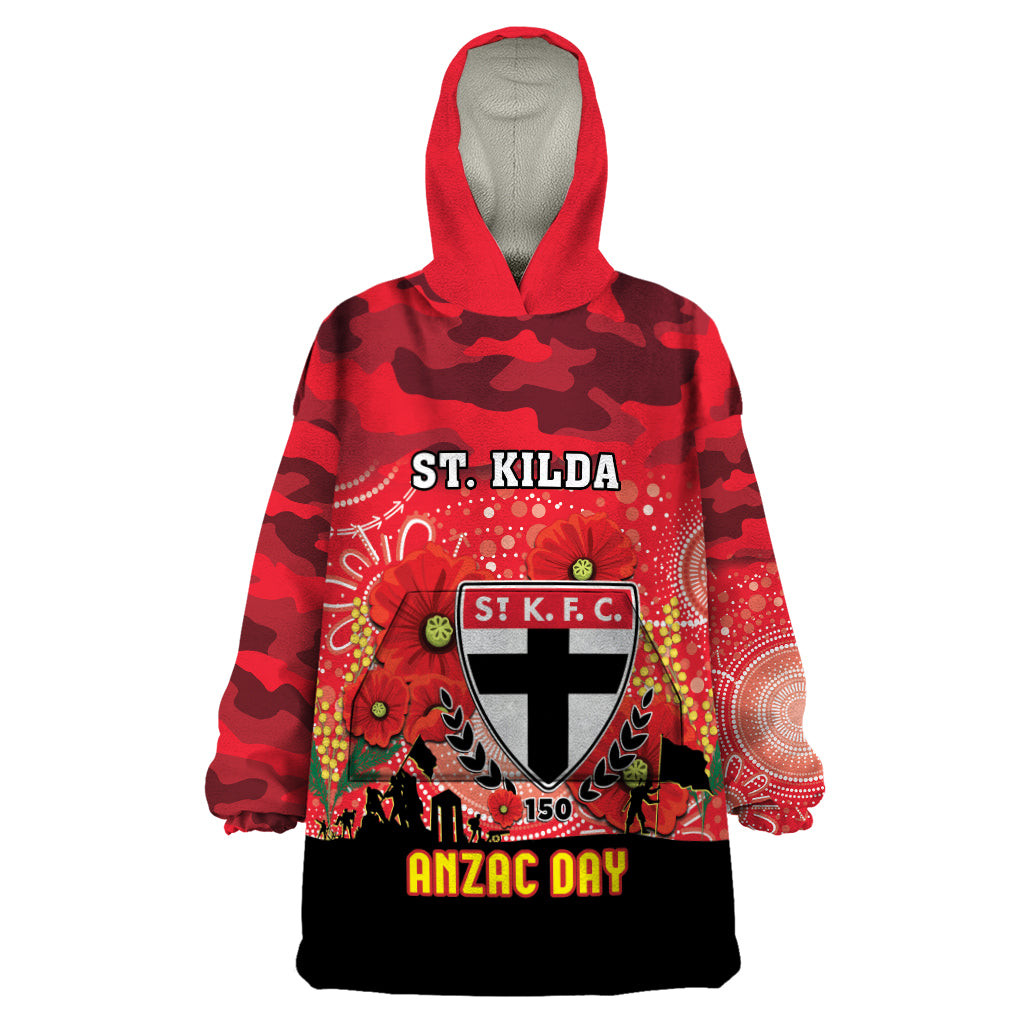 Custom St Kilda Football ANZAC Wearable Blanket Hoodie Gallipoli Camouflage With Poppies - Vibe Hoodie Shop