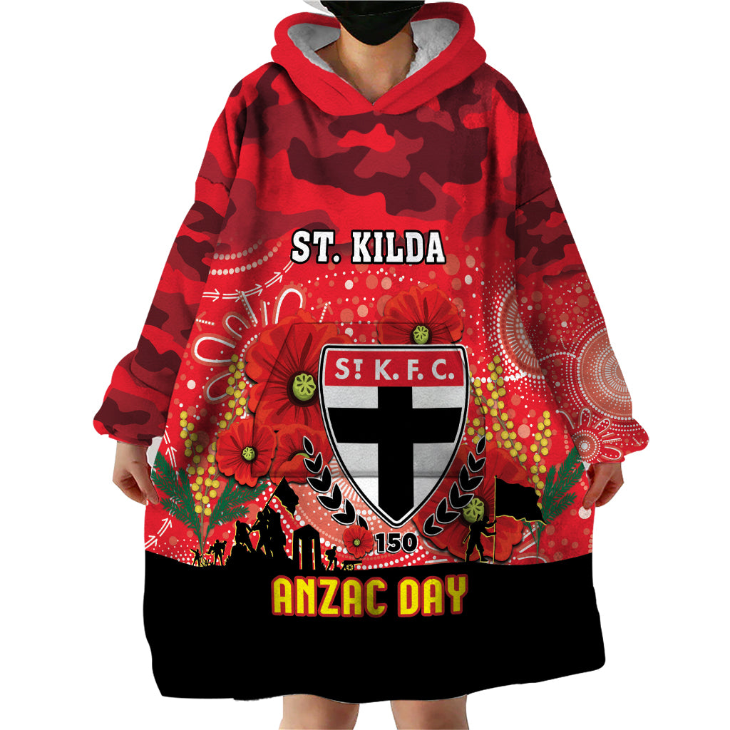 Custom St Kilda Football ANZAC Wearable Blanket Hoodie Gallipoli Camouflage With Poppies - Vibe Hoodie Shop