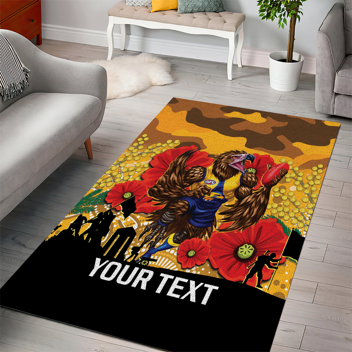 Custom Eagles Football ANZAC Area Rug Gallipoli Camouflage With Poppies - Vibe Hoodie Shop